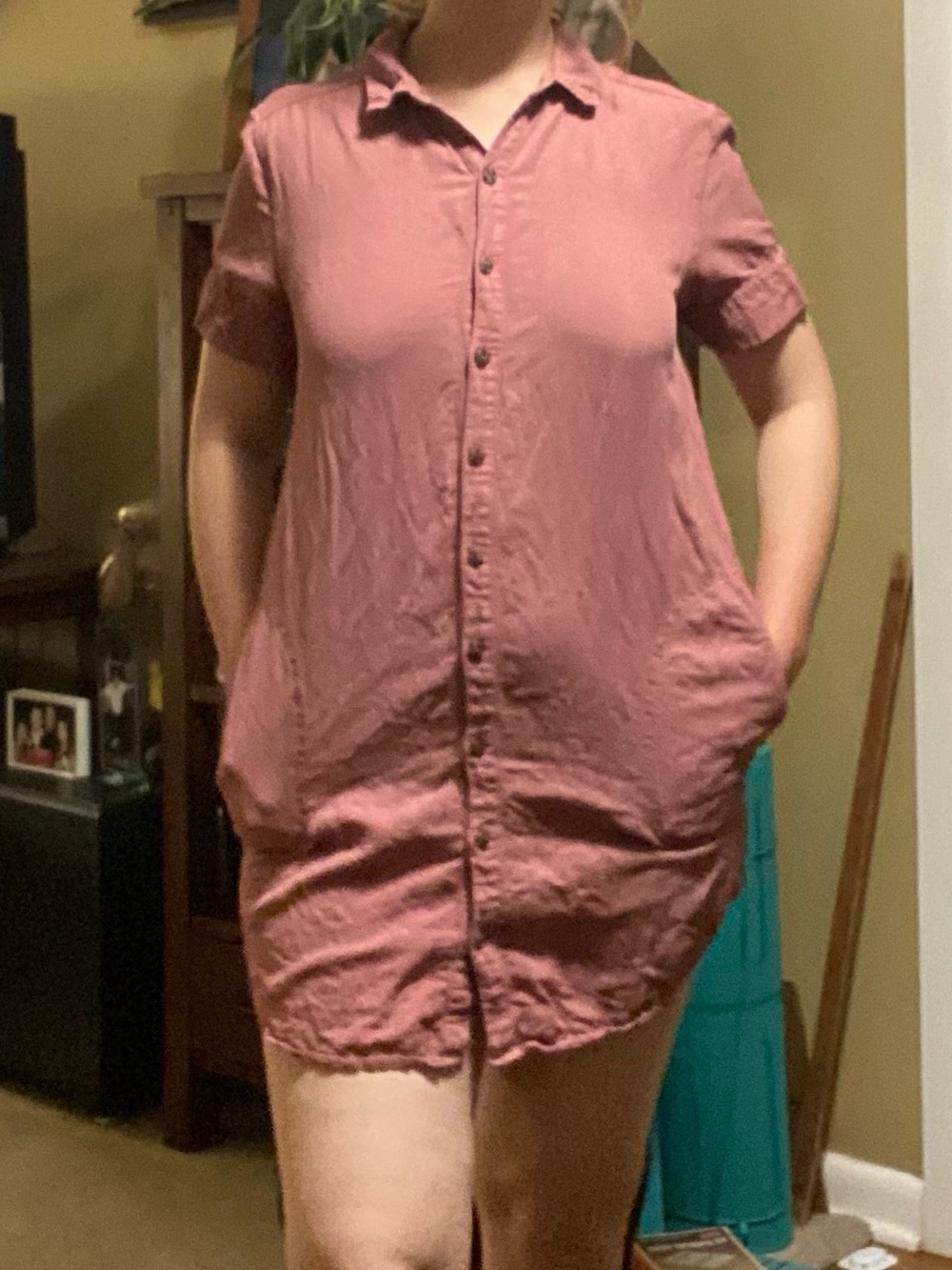 Dusty pink button up linen mini dress shirt dress - Picture 2 of 11